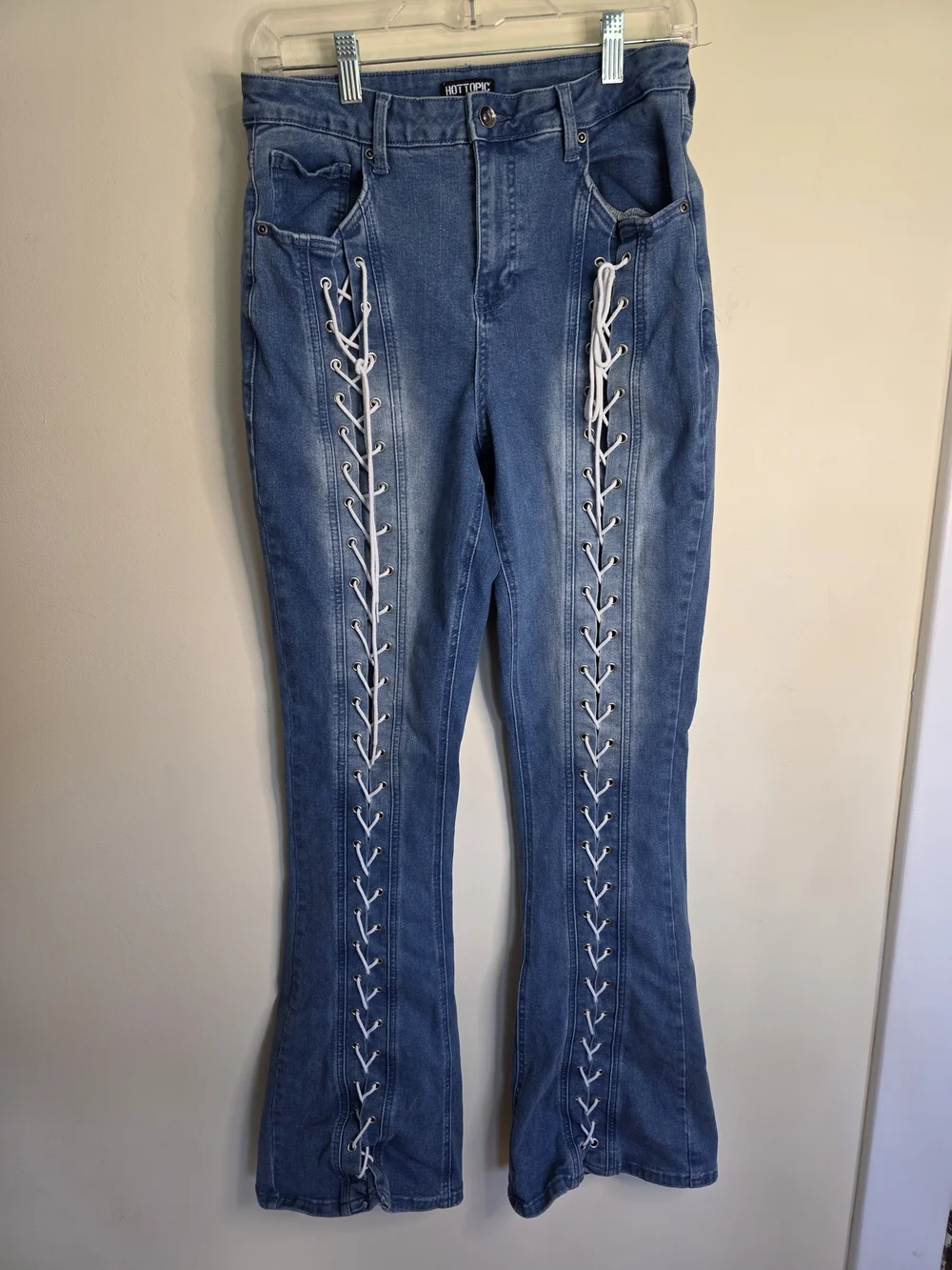 Hot Topic Blue Lace-Up Flare Jeans with White Laces
